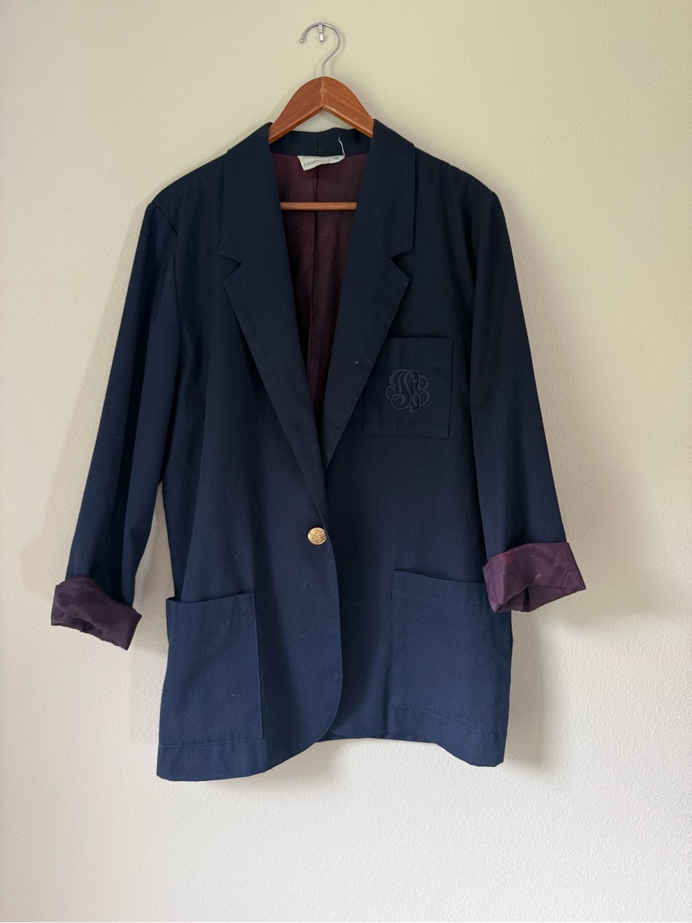 Vintage Navy Single-Button Blazer with Burgundy Cuff Detail